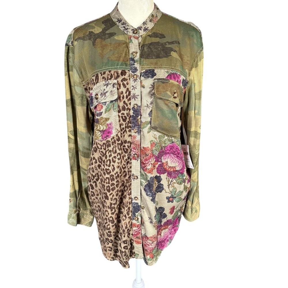 Pilcro by Anthropologie green pink floral camo button down shirt size XSP